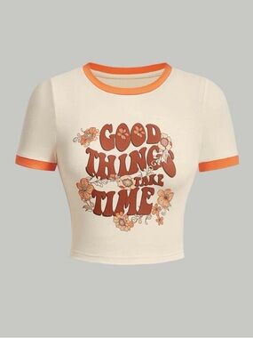SHEIN Cream & Orange 'Good Things Take Time' Floral Graphic Ringer Tee
